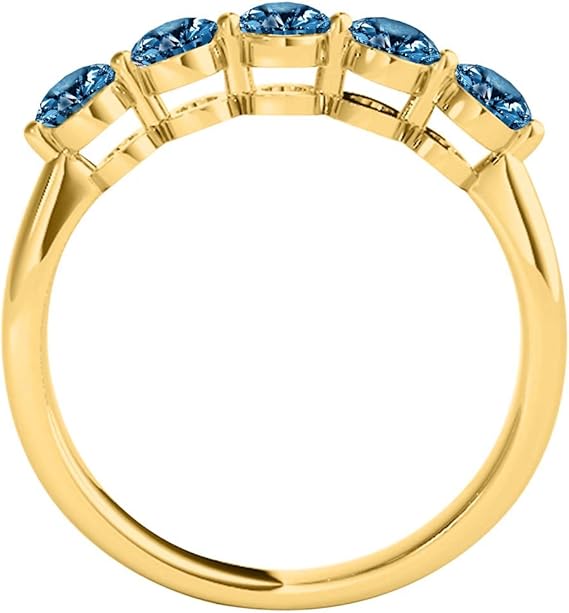 AoneJewelry 3/4 Ct. Blue Diamond Five Stone Wedding Band In solid 14K Yellow Gold, Best Valentinesday Gift