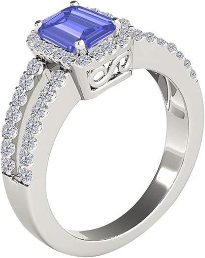 2 Cttw Gemstone And Diamond Ring Sold By Aone Jewelry (I-J, I1-I2) With Emerald Cut Tanzanite and Natural Diamonds in 10k White Gold, Best Valentinesday Gift