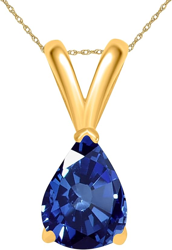 AoneJewelry Sapphire Pendant Necklace for Women | 14k Yellow Gold 0.90 Carat 1 Stone Pear Shape Prong Setting 18" Silver Box Chain Necklace Wedding Jewelry Collection