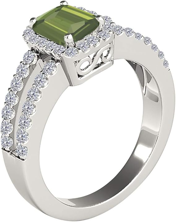 10K Gemstone Ring in White Gold By Aone Jewelry With 2 Cttw (I-J, I1-I2) Emerald Cut Green Amethyst And Natural Diamonds, Best Valentinesday Gift