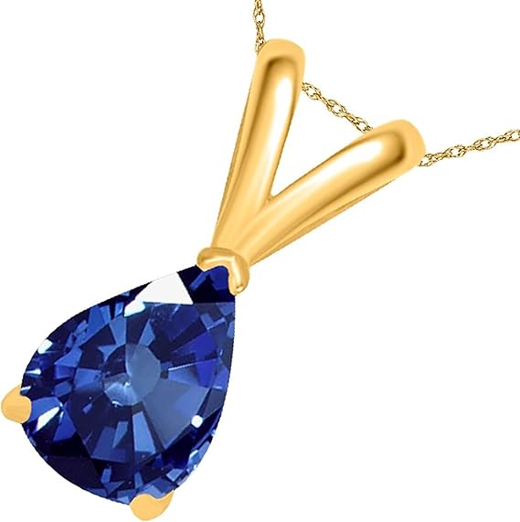 AoneJewelry Sapphire Pendant Necklace for Women | 14k Yellow Gold 0.90 Carat 1 Stone Pear Shape Prong Setting 18" Silver Box Chain Necklace Wedding Jewelry Collection