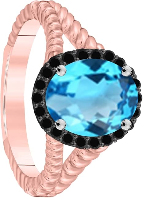 Black Diamond Blue Topaz Ring In 10K Solid Rose, White & Yellow Gold, Best Valentinesday Gift