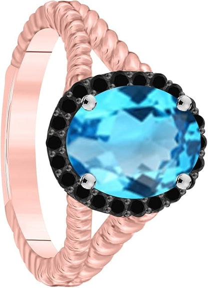 Black Diamond Blue Topaz Ring In 10K Solid Rose, White & Yellow Gold, Best Valentinesday Gift