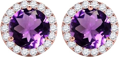 Gemstone Diamond Studs Earrings For Women 1.95 Carat 6MM Round Amethyst & Natural Round Diamond Studs Push Back Earrings For Ladies In 10K Solid Rose White Yellow Gold Best Jewelry Gift For Her By Aone Jewelry