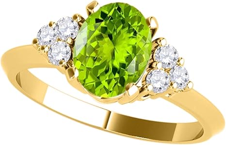 1.55 Carat 10K Yellow Gold Peridot & White Diamond Gemstone/Seven Stone Ring, Best Valentinesday Gift