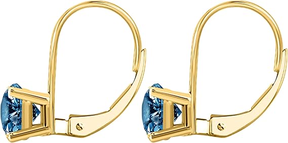 Blue Diamond Leverback Earring for Women| 14K White & Yellow Gold 0.50 Carat 2 Stone Round Cut Prong Setting Genuine Diamond Wedding Jewelry Collection