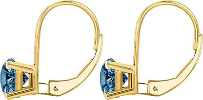 Blue Diamond Leverback Earring for Women| 14K White & Yellow Gold 0.50 Carat 2 Stone Round Cut Prong Setting Genuine Diamond Wedding Jewelry Collection