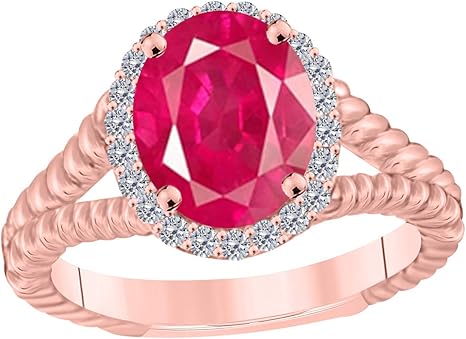 Oval Shape Created Ruby And Diamond Ring In 10K Solid Yellow, Rose & White Gold, Best Valentinesday Gift