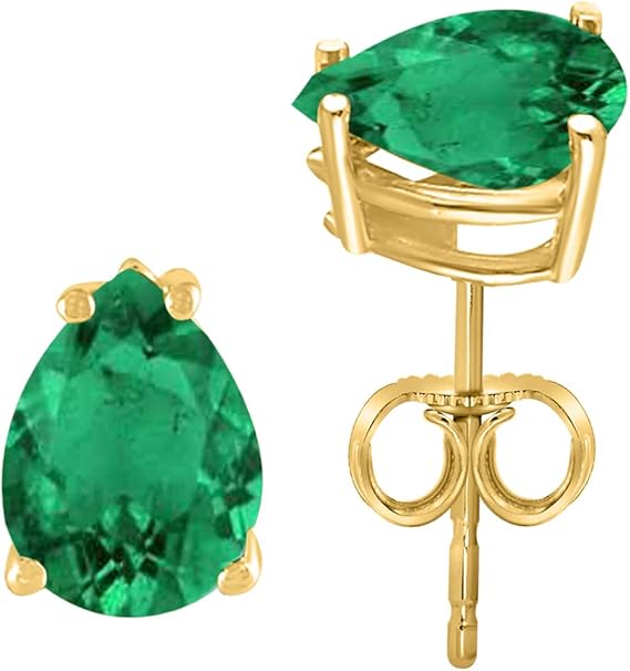 AoneJewelryPear Emerald Earrings for Women in 14k Yellow Gold (6x4 mm) Prong-Setting Gemstone Wedding Jewelry Collection