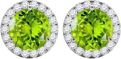 Gemstone Diamond Studs Earrings For Women 1.95 Carat 6MM Natural Round Peridot With Natural Round Diamond Studs Push Back Earrings For Ladies In 10K Solid Rose White Yellow Gold Best Jewelry Gift For Her By Aone Jewelry