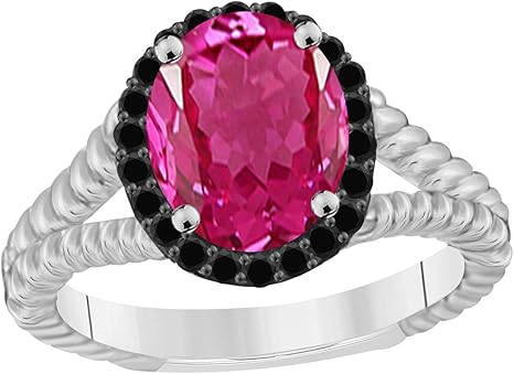 10K Rose, White & Yellow Gold Pink Topaz Black Diamond Ring, Best Valentinesday Gift