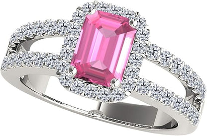 10 Rose, White, Yellow Gold Ring With 2 Carat Emerald Cut Natural Pink Topaz And White Diamonds (I-J, I1-I2), Best Valentinesday Gift