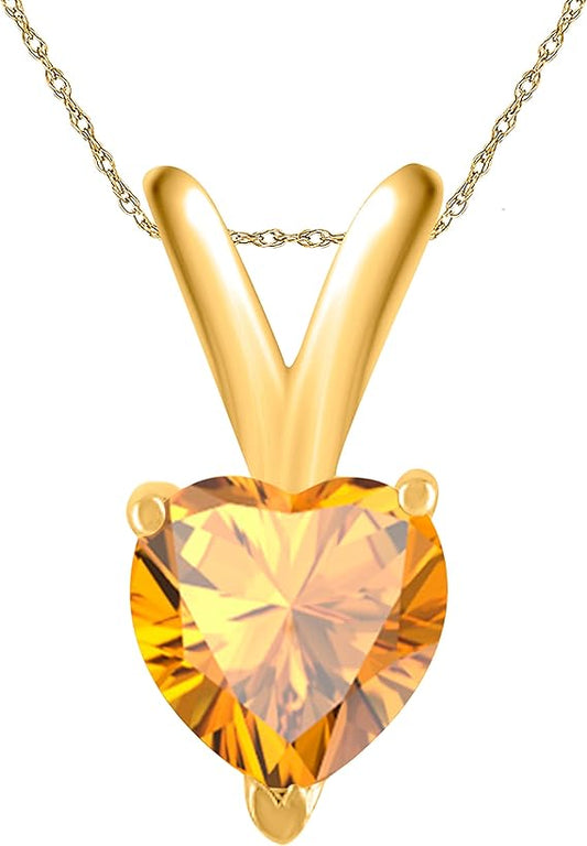 AoneJewelry Citrine Pendant Necklace for Women | 14k Yellow Gold 0.25 Carat 1 Stone Heart Shape Prong Setting 18" Silver Box Chain Necklace Wedding Jewelry Collection