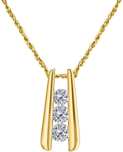 1.00 Carat Lab-Grown Diamond Three-Stone Channel-Set Pendant Necklace For Women In 10K Rose, Yellow and White Gold with Gold Plated 925 Sterling Silver 18" Box Chain