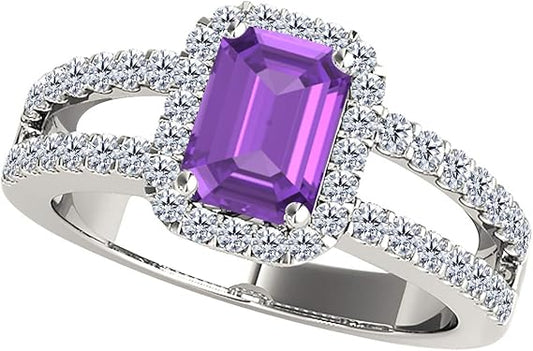 2.00 Carat Emerald Cut Natural Amethyst And Round White Diamond Spilt Shank wedding Ring In 10K Yellow Gold