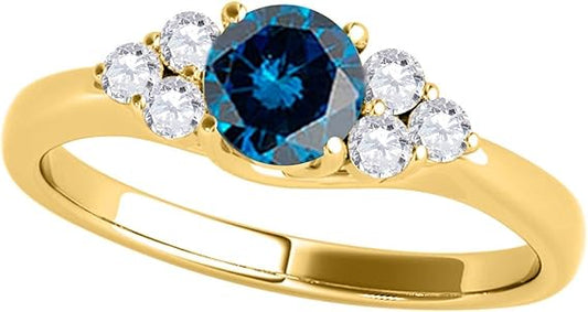 AoneJewelry 0.75 Carat Blue & White Diamond Seven Stone Engagement Ring In 10K Yellow Gold, Best Valentinesday Gift