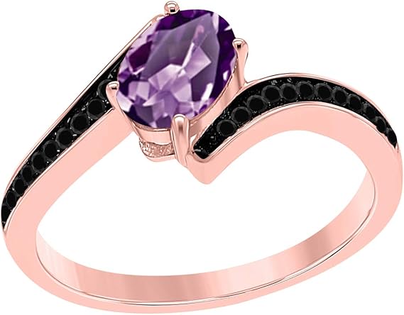 Aonejewelry 1.00 Carat Amethyst And Black Diamond Ring In 14K Rose Yellow White Gold, Best Valentinesday Gift