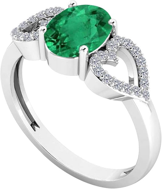 AoneJewelry 1.40 Carat Diamond & Oval Shape Emerald Gemstone Ring In 14K Solid White Gold, Best Valentinesday Gift