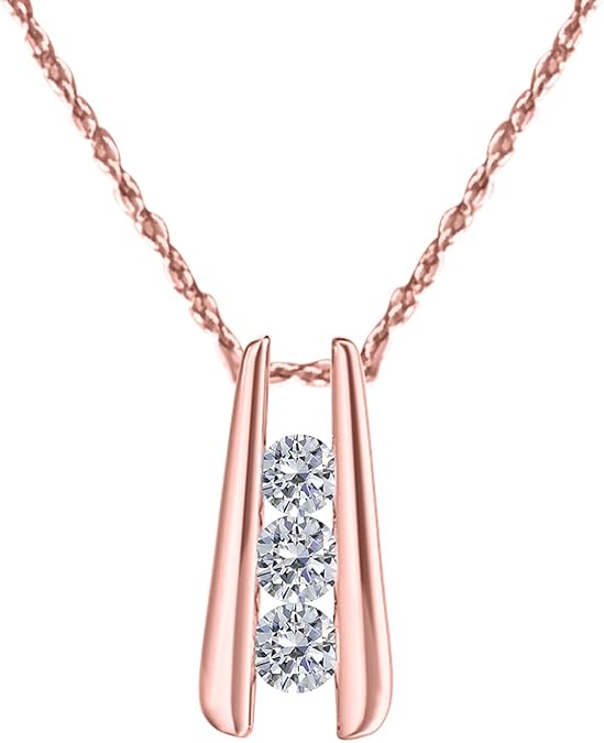 0.50 Carat Lab-Grown Diamond Three-Stone Channel-Set Pendant Necklace For Women In 10K Rose, Yellow and White Gold with Gold Plated 925 Sterling Silver 18" Box Chain