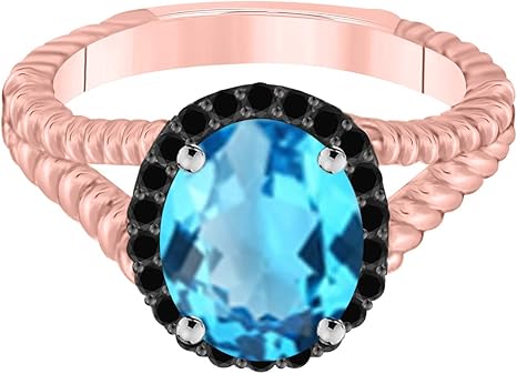 Black Diamond Blue Topaz Ring In 10K Solid Rose, White & Yellow Gold, Best Valentinesday Gift