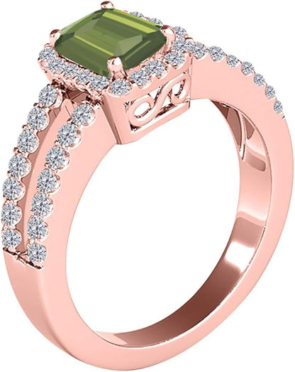 10K Rose Gold Halo Style Diamond Ring for Women With 2.00 Cttw Natural Green Amethyst And Diamonds, Best Valentinesday Gift