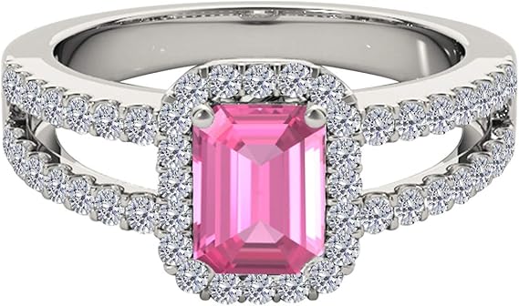 10 Rose, White, Yellow Gold Ring With 2 Carat Emerald Cut Natural Pink Topaz And White Diamonds (I-J, I1-I2), Best Valentinesday Gift