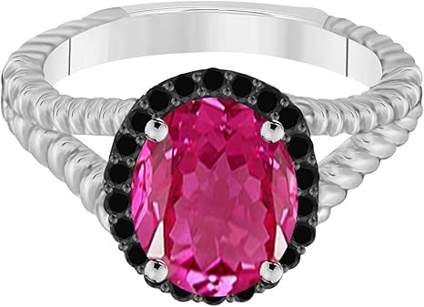 10K Rose, White & Yellow Gold Pink Topaz Black Diamond Ring, Best Valentinesday Gift