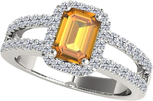 10K Solid White Gold Ring 2 Carat (I-J, I1-I2) Emerald Cut Natural Citrine And Diamonds, Best Valentinesday Gift