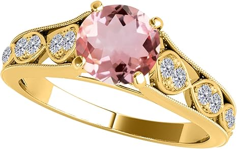 10k Solid Yellow Gold Gemstone And Diamond Ring With 1 Cttw (I-J, I1-I2) Round Shape Natural Morganite And Diamonds (size 5-9), Best Valentinesday Gift