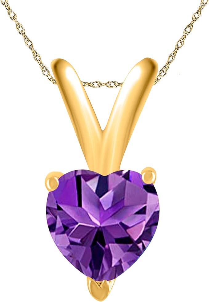 AoneJewelry Amethyst Pendant Necklace for Women | 14k Yellow Gold 0.25 Carat 1 Stone Heart Shape Prong Setting 18" Silver Box Chain Necklace Wedding Jewelry Collection