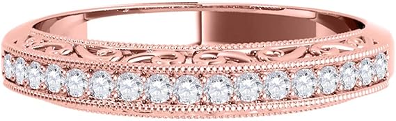 AoneJewelry 1/5 Ct Diamond Milgrained Wedding Band In Solid 10K Rose Gold, Best Valentinesday Gift