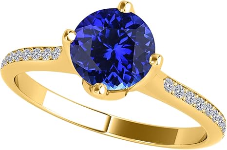 10k Yellow Gold Gemstone And Diamond Cathederal Style Ring With 1 Cttw (I-J, I1-I2) Round Shape Tanzanite And Natural Diamonds, Best Valentinesday Gift