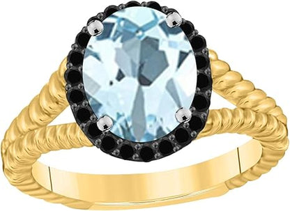 2.00 Ct. Aquamarine Black Diamond Ring In 10K Rose, White & Yellow Gold, Best Valentinesday Gift