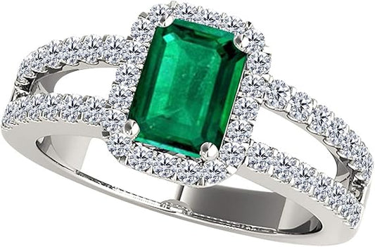 10K Solid White Gold Natural Diamond Ring with 2 Carat (I-J, I1-I2) Emerald Cut Emerald, Best Valentinesday Gift