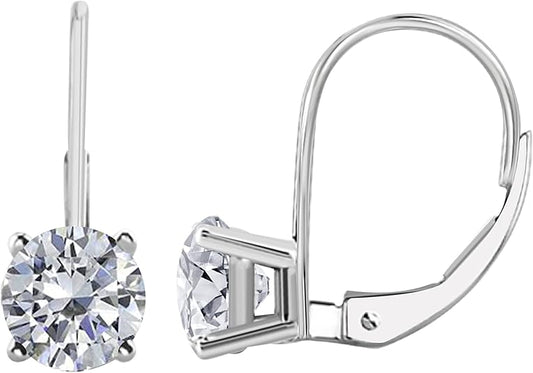 White Diamond Leverback Earring for Women | 14K White Gold 0.60 Carat 2 Stone Round Cut Prong Setting