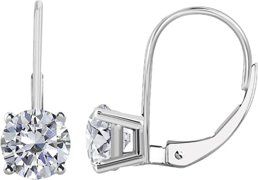 White Diamond Leverback Earring for Women| 14K White Gold 0.40 Carat 2 Stone Round Cut Prong Setting