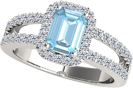 2 Cttw Emerald Cut Natural Aquamarine And Diamond Ring In 10K Solid White Gold (I-J, I1-I2) Gemstone Emerald Cut Natural Diamond Aquamarine, Best Valentinesday Gift