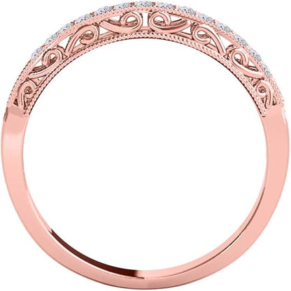 AoneJewelry 1/5 Ct Diamond Milgrained Wedding Band In Solid 10K Rose Gold, Best Valentinesday Gift