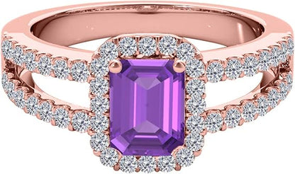 2.00 Carat Emerald Cut Natural Amethyst And Round White Diamond Spilt Shank Ring In 10K Rose Gold (Diamond Color I- J & Clarity I1-I2), Best Valentinesday Gift