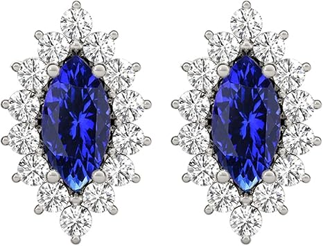 Gemstone Diamond Studs Earrings For Women 1.0 Carat 6x3MM Lab Created Center Marquise Tanzanite With Natural Round White Diamond Studs Push Back Earrings For Ladies In 10K Solid Rose White Yellow Gold Best Jewelry Gift For Her By Aone Jewelry