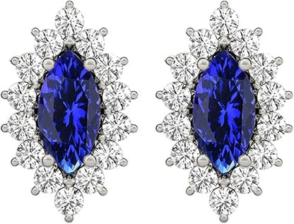 Gemstone Diamond Studs Earrings For Women 1.0 Carat 6x3MM Lab Created Center Marquise Tanzanite With Natural Round White Diamond Studs Push Back Earrings For Ladies In 10K Solid Rose White Yellow Gold Best Jewelry Gift For Her By Aone Jewelry