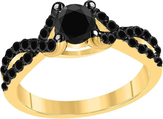 10k Yellow Gold Engagement/Wedding Ring With 1 Cttw (Color Black, Clarity I2-I3) Round Shape Black Diamonds (size 5-9), Best Valentinesday Gift