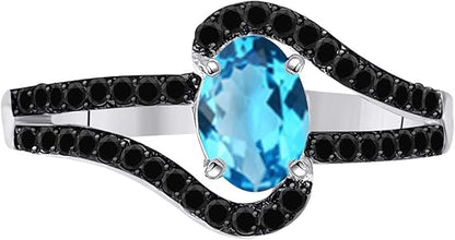 Aonejewelry 1.45 Ct. Blue-Topaz Gemstone & Black Diamond Ring Crafted In 10K Rose, White & Yellow Gold, Best Valentinesday Gift