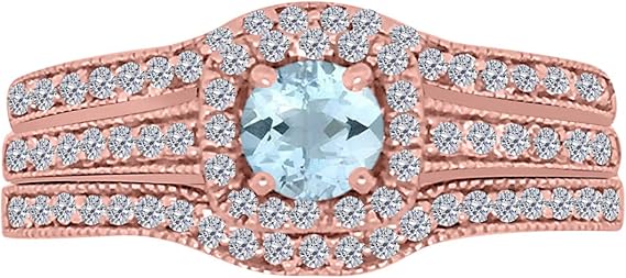 AoneJewelry Engagement Rings for Women 1.50 Carat Aquamarine Gemstone & Round White Diamond Trio Ring Set In 14K Rose, White & Yellow Gold Wedding Jewelry Collection -Valentines Day Gift for Her