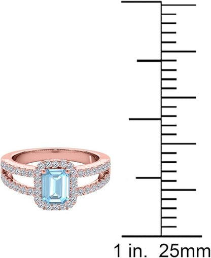 2.00 Cttw Natural Aquamarine And White Diamond Gemstone Ring In 10K Rose Gold Gemstone Emerald Cut Natural Diamond Aquamarine, Best Valentinesday Gift