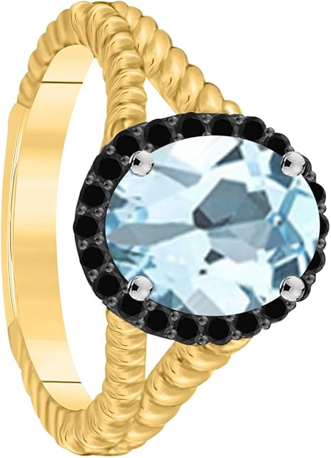 2.00 Ct. Aquamarine Black Diamond Ring In 10K Rose, White & Yellow Gold, Best Valentinesday Gift