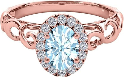 10K Rose, White & Yellow Gold Aquamarine Diamond Ring, Best Valentinesday Gift