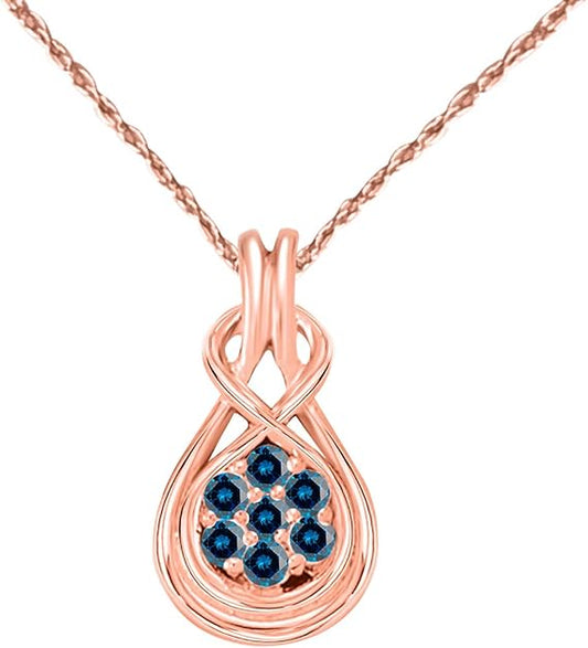 1.0 Carat Natural Blue Diamond Flower Design With Infinite Knot Style Pendant Necklace For Woman Crafted In 10k Rose White And Yellow Gold With 18" Gold Plated Over 925 Sterling Silver Box Chain