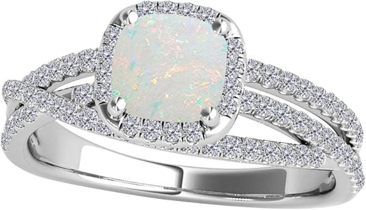 1.35 Carat Cushion Shape Opal & White Diamond Split Shank Ring In 14K Solid White Gold, Best Valentinesday Gift