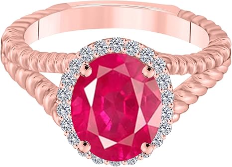 Oval Shape Created Ruby And Diamond Ring In 10K Solid Yellow, Rose & White Gold, Best Valentinesday Gift